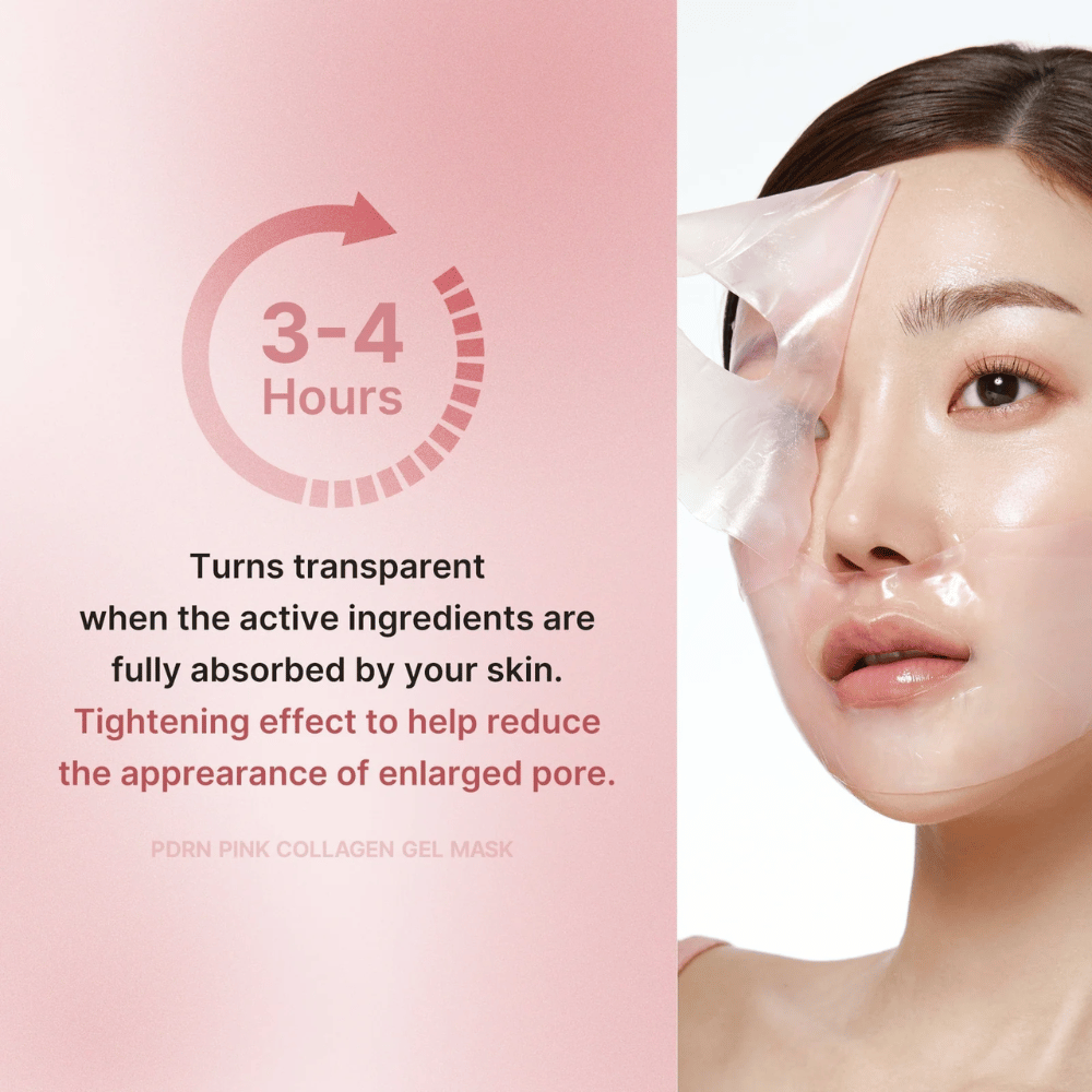 Medicube PDRN Pink Collagen Gel Mask med instruktion att bära masken i 3–4 timmar tills den blir transparent. Masken absorberar aktiva ingredienser och stramar åt huden för att minska synliga porer.