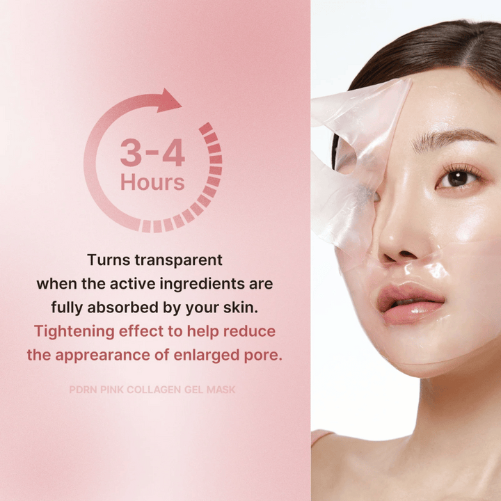 Medicube PDRN Pink Collagen Gel Mask med instruktion att bära masken i 3–4 timmar tills den blir transparent. Masken absorberar aktiva ingredienser och stramar åt huden för att minska synliga porer.