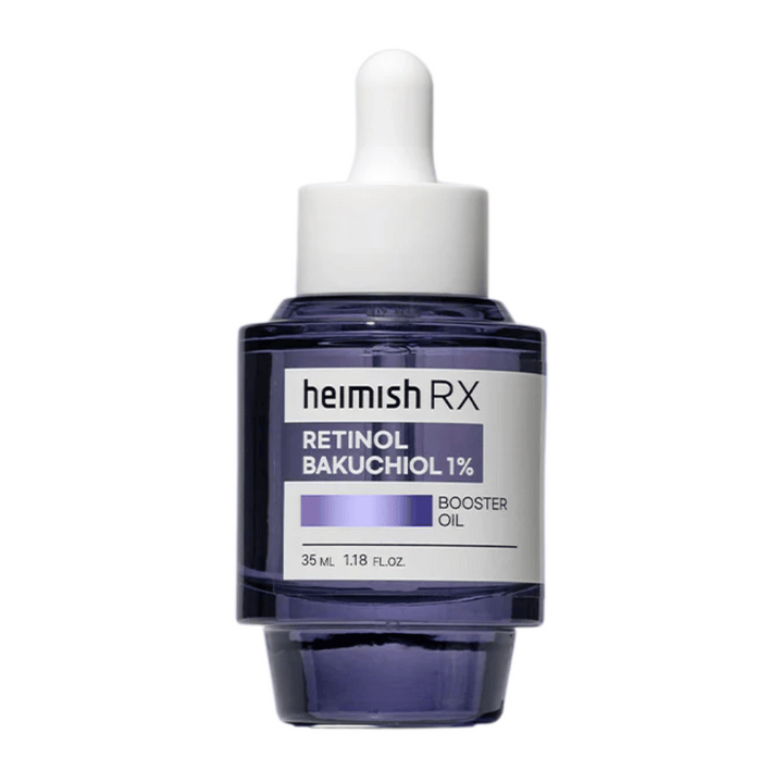 Heimish RX Retinol Bakuchiol Booster Oil i en elegant lila glasflaska med pipett, designad för att förbättra hudens elasticitet och reducera fina linjer.